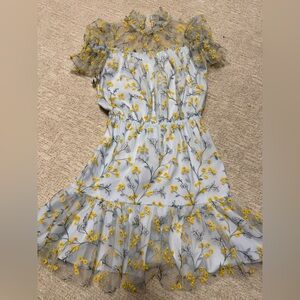 Monique Lhuillier White and Yellow Floral Midi Dress